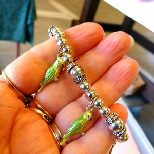NEW Bird Charm Bracelet with Silver Beads Stretch Cord Handmade by Jackie NWT